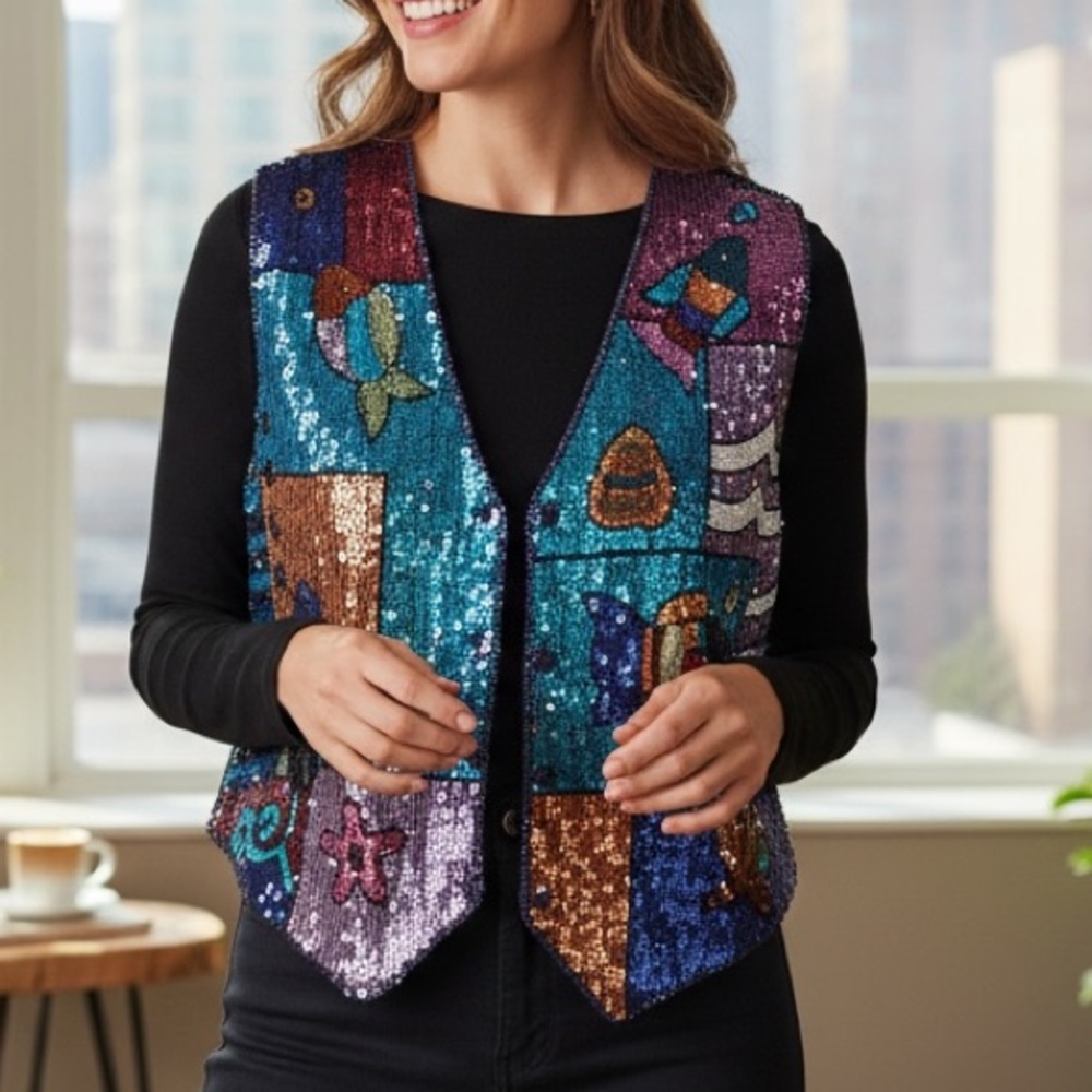 The Quacker Factory Colorful Fish Sea Sequin Beaded Art Patchwork Crafted Vest